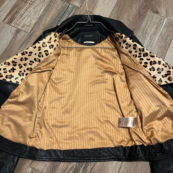 Scotch & Soda Womens Black Leather & Leopard Trim Biker Jacket NWOT Small - Picture 8 of 12